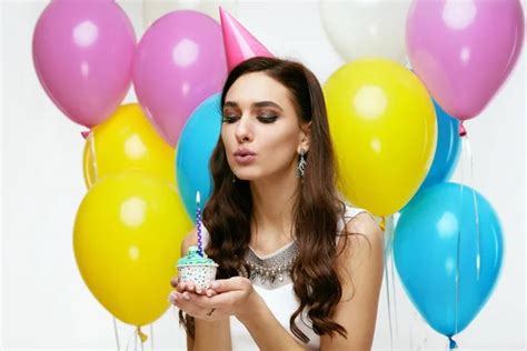 Happy Birthday Girl With Balloons And Cake At Party Stock Photo By