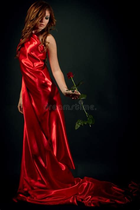 Red Dress Woman In Flying Fashion Silk Fabric Clothes Model Stock