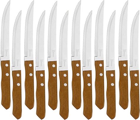 Juego De 12 Cuchillos De Mesa Con Mango De Madera Natural Cuchillo De Carne Acero Inoxidable