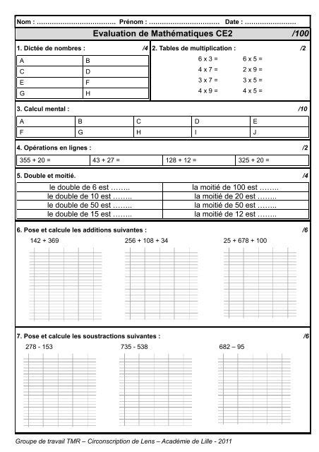 Evaluation diagnostique MathÃmatiques CE2 acadÃmie de Lille