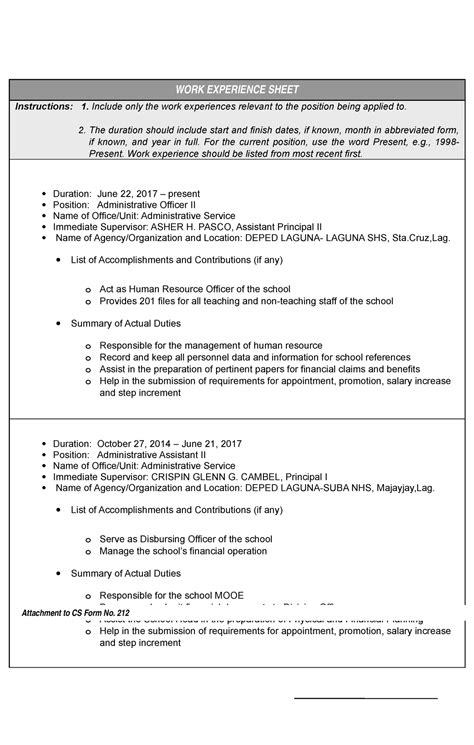 Work Experience Sheet Guidelines