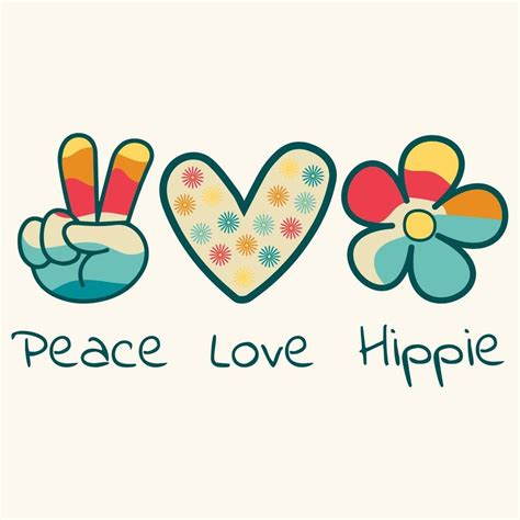 Icono Pegatina En Estilo Hippie Con Texto Amor Paz Hippie Y Corazón Signo De Victoria Y Flor