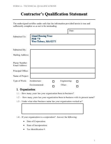 14 Contractor Qualification Statement Templates In Pdf Doc Free And Premium Templates