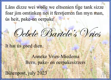 Oebele Barteles Vries Overlijdensbericht En Condoleances