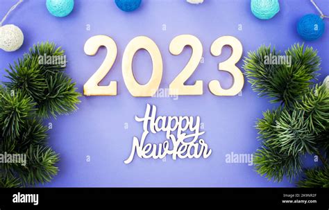 Happy New Year 2023 A Symbol From The Number 2023 With Golden Balls Stars Sequins And A