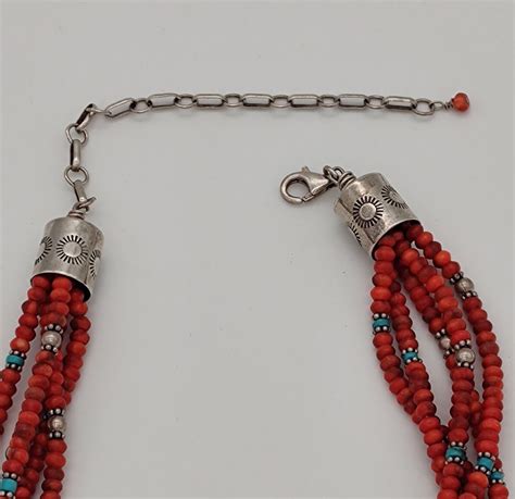 Southwestern Multi Strand Coral Turquoise Sterling Si Gem