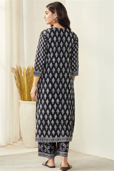 Buy Black Hand Block Printed Straight Cotton Kurta For Women Fgmk24 296 Farida Gupta