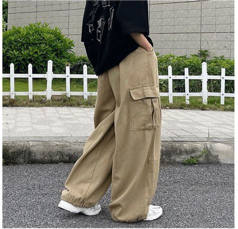 HOUZHOU Harajuku Streetwear Khaki Cargo Pants Women Oversize Pockets