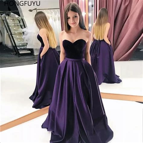 Hongfuyu Satin Dark Purple Prom Dresses With Pockets Sweetheart Sexy Robe De Party Evening