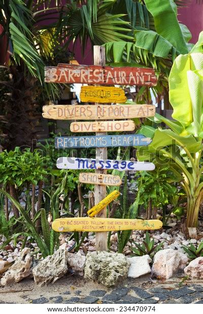 Signpost Made Flotsam Tropical Resort Showing Stock Photo 234470974