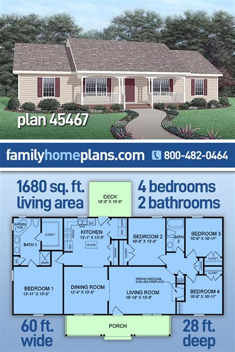 Plan 45467 | 4 Bedroom Classic Ranch House Plan With Covered Porc