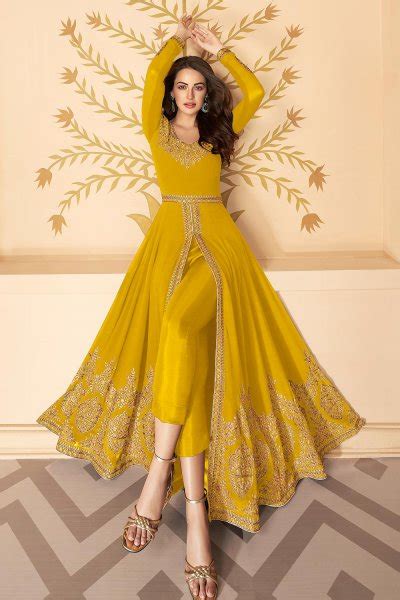 Buy Dazzling Yellow Zari Embroidered Georgette Anarkali Suit With