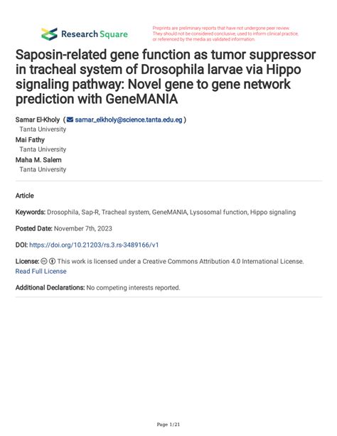 PDF Saposin Related Gene Function As Tumor Suppressor In Tracheal