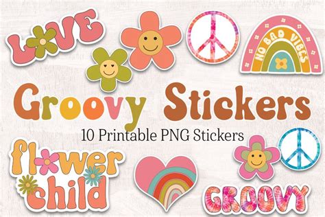 Groovy Retro Hippie Stickers Printable Sticker Set