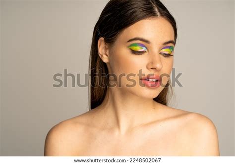 Pretty Teen Model Colorful Visage Naked Stock Photo