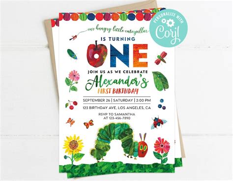 Very Hungry Caterpillar First Birthday Invitation Birthday Etsy