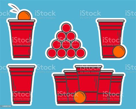 Red Beer Pong Stickers Plastic Cup And Ball With Splashing Beer