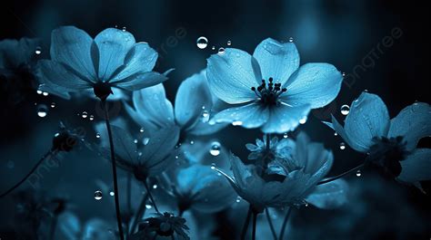 Blue Flowers With Water Droplets At The Night Background Asthetic Blue