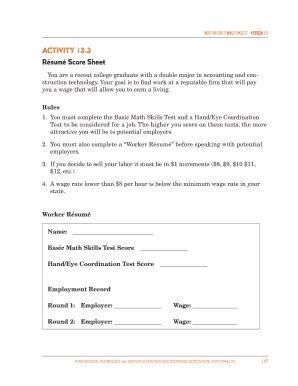 Fillable Online Econedlink Activity Rsum Score Sheet Econedlink