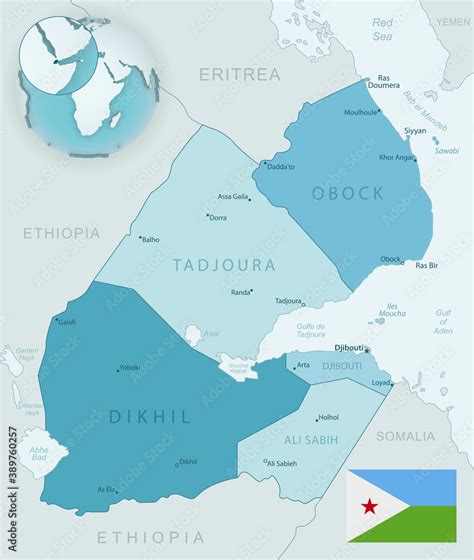 Blue Green Detailed Map Of Djibouti Administrative Divisions With