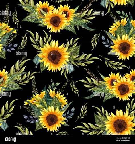 Seamless pattern with sunflowers on black background. Collection ...