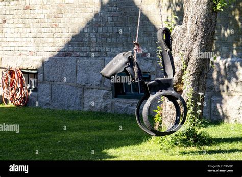 Handmade tyre swing for kids connected to the tree in the backyard of the house Stock Photo - Alamy