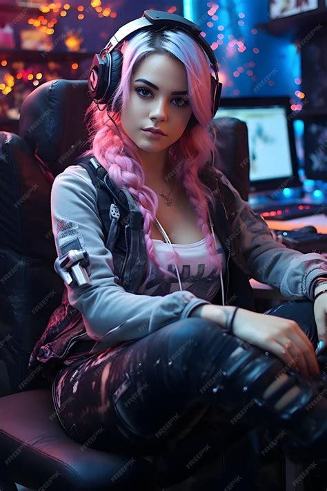 Cute Dystopian Gamer Girl Pink Hair Headphones Amp Outfit Premium Ai Generated Image