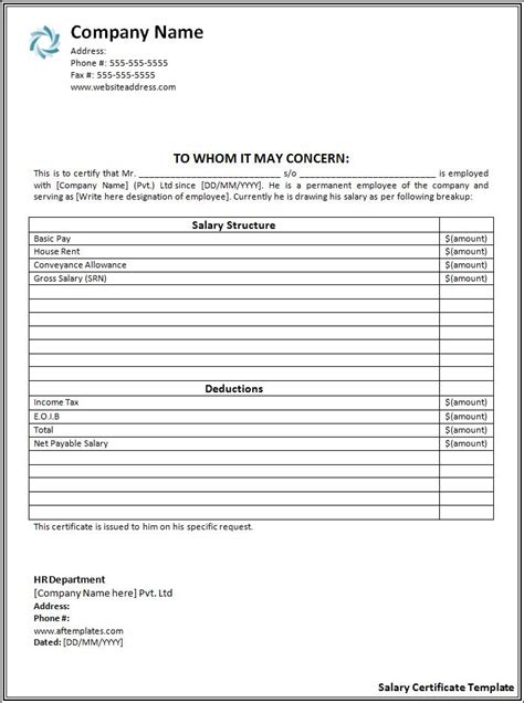 Salary Certificate Format Free Word Templates