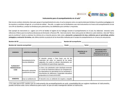 1 Instrumento para el acompañamiento en el aula Para ello se sugiere