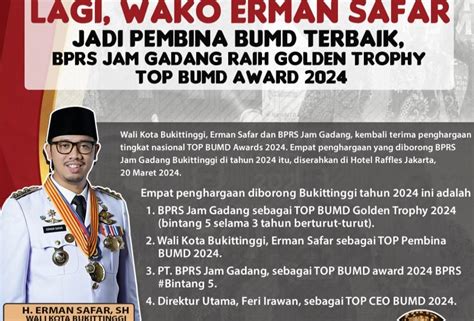 Walikota Bukittinggi Raih Penghargaan Top Bumd Awards Metrokini