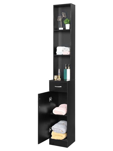 Tall Bathroom Storage Cabinet 5 Tier Wooden Freestanding Tower Cabinet Floor Organizer Narrow