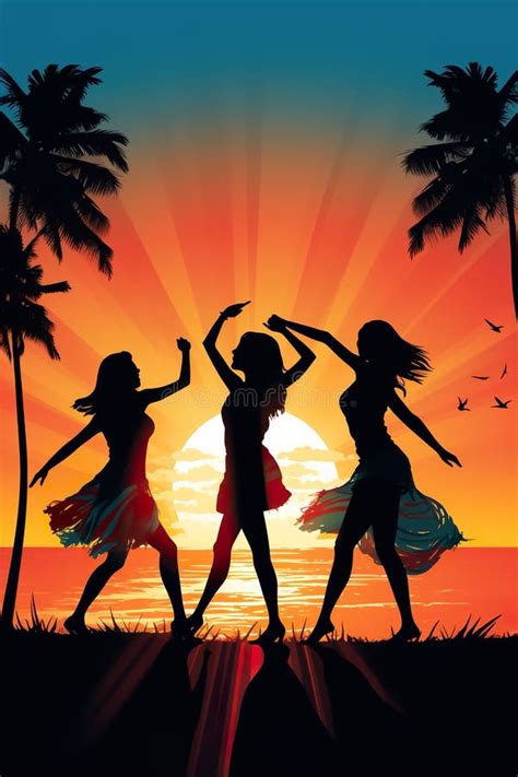 Silhouette Of Happy Women Friends Dancing At Beach Party At Sunset