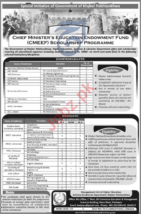 Chief Minister Education Endowment Fund Scholarship Program 2023 Job