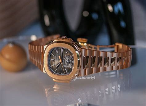 Up Close Patek Philippe Nautilus Chronograph Date Rose Gold Black Dial