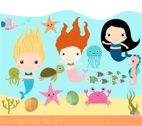 Cute Mermaid Clipart Under The Sea Clip Art Kawaii Mermaid Etsy