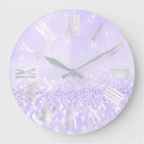 Lavender Gray Silver Glitter Metal Roman Numers Large Clock Zazzle