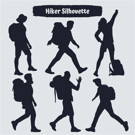 Collection of Hiker in mountains silhouettes in different poses ...