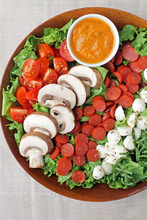 Pepperoni Pizza Salad With Tomato Vinaigrette Emily Bites