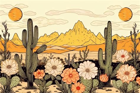 Premium Vector | Cactus Flowers Desert Hand Drawn Pattern