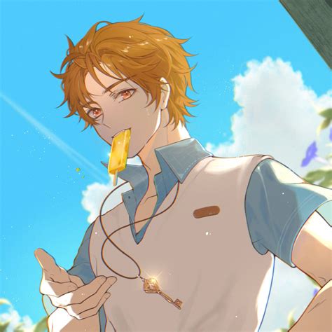 Safebooru 1boy Bangs Blue Sky Brown Eyes Brown Hair Clouds Cloudy Sky Food Food In Mouth