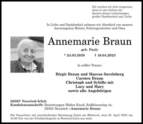 Traueranzeigen Von Annemarie Braun Rz Trauer De