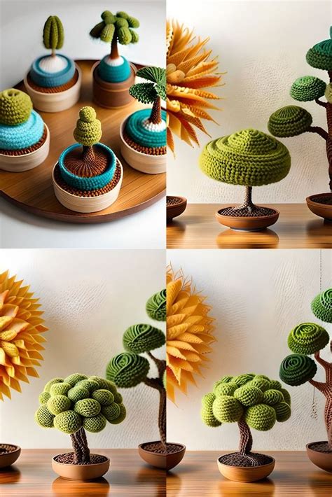 crocheted trees and plants are displayed on wooden trays