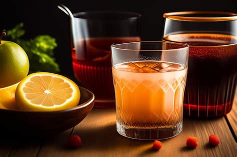 Um copo de suco de laranja e uma tigela de limões em uma mesa Foto