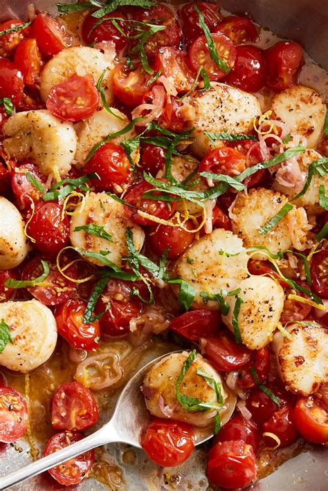 Seared Scallops With Jammy Cherry Tomatoes Dining And Cooking