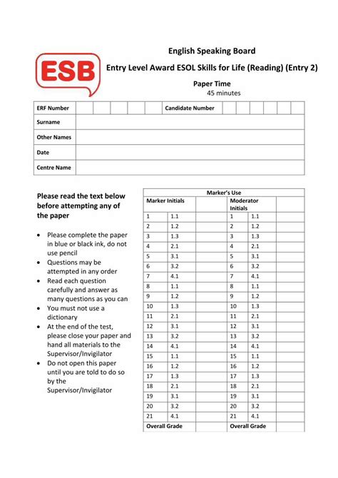 Pdf English Speaking Board Entry Level Award Esol Skills For Esbuk