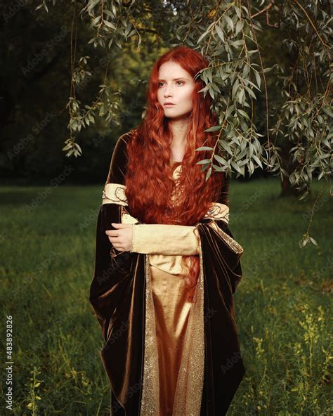 Young Red Haired Woman In Medieval Dress Fantasy Portrait Of A Girl