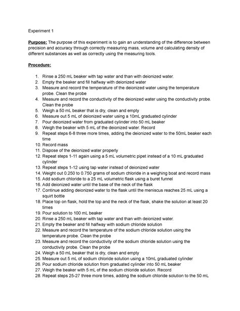 Tamu Chem 111 Lab Experiment 1 Measurement And Density Experiment 1 Purpose The Purpose Of