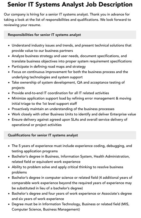 Senior It Systems Analyst Job Description Velvet Jobs