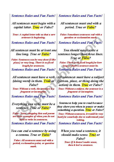 Sentence Rules And Fun Fact Cards Esl Worksheet By Kdavis53