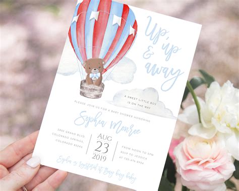 Teddy Bear Hot Air Balloon Baby Shower Invitation Template Up Etsy